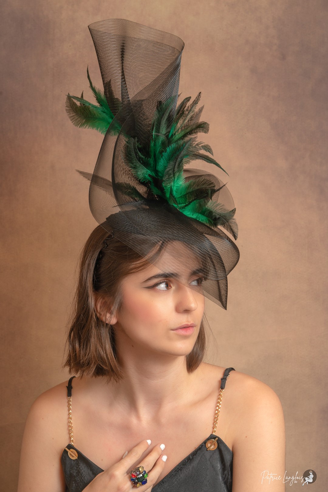 Coiffe sur mesure en crin et plumes.